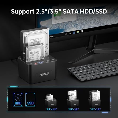 FIDECO Hard Drive Docking Station, USB 3.0 SATA HDD Docking Station for 2.5 & 3.5 inch SATA HDD/SSD, Dual Bay, Support Offline Clone and 2X 16TB Hard Drives - Image 4