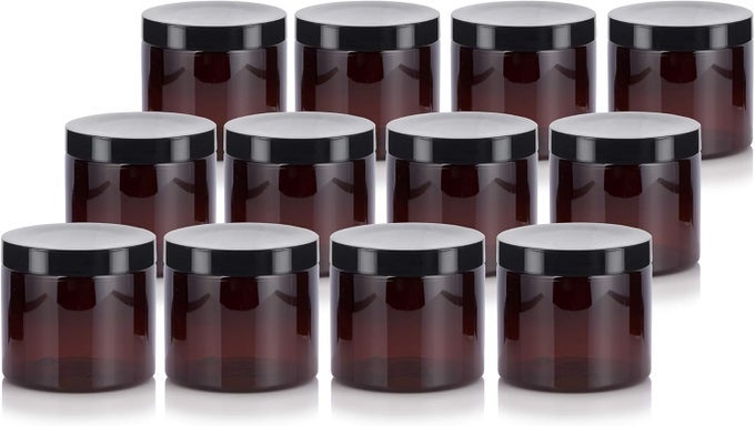 16 OZ AMBER PET PLASTIC REFILLABLE JAR WITH BLACK SMOOTH LID (12 PACK)