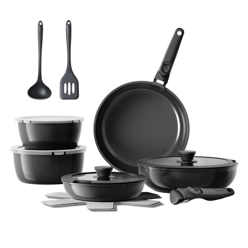Redchef 16pcs Ceramic Pots and Pans Set Non Stick Nonstick Kitchen Cookware Set with Detachable Handle Non Toxic PFAS PFOA PTFE Free RV Cookware Set for Camping DishwasherOven Safe Black
