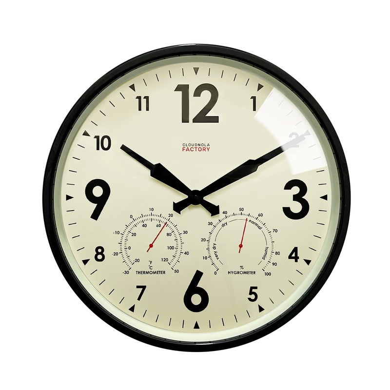 Cloudnola Cloudnola Indoor Outdoor Waterproof Metal Wall Clock with Thermometer and Hygrometer Black 12 inch Silent NonTicking Battery Operated Quality Quartz Round Clock for Patio and Home Decor 