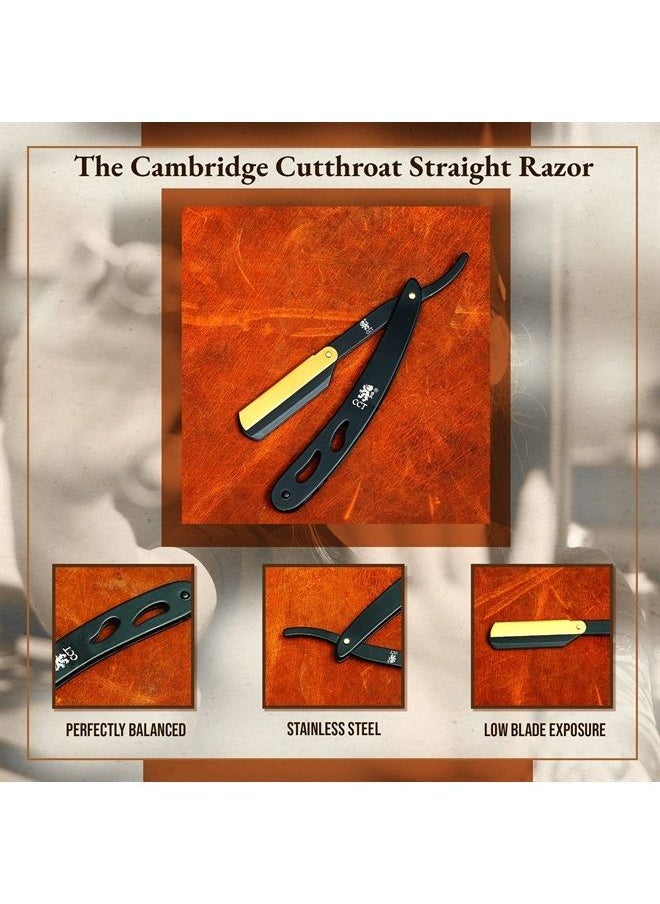 The Cambridge Cutthroat - ® Straight Edge Razor Kit with 10 Blades Stainless Steel Black & Gold Professional Barber Cut Throat Razor, Premium Mens Single Blade Razor, Beard Shaper, Travel Pouch Included - Image 1