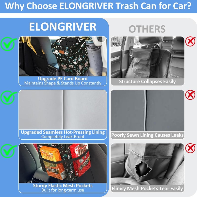 ELONGRIVER Car Trash Can Bin for Back Seat Leak Proof, Cute Car Trash Bag Hanging, Vehicle Trash Can for SUV Truck Van, Automotive Garbage Cans Front Seat Colorful Floral, 2 Gallons - Image 5
