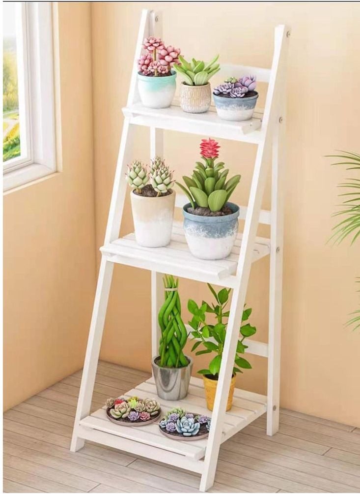 LINGWEI - Wooden Garden Modern Foldable Book Shelves Rack Display Storage Stand Three Layers Flower Plant Pot Holder Shelf Solid Wood Free Standing Ladder Design Indoor Outdoor - Image 1