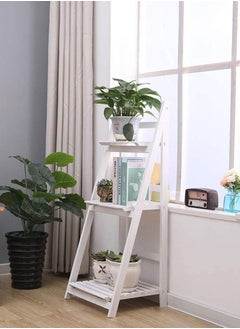 LINGWEI Wooden Garden Modern Foldable Book Shelves Rack Display Storage Stand Three Layers Flower Plant Pot Holder Shelf Solid Wood Free Standing Ladder Design Indoor Outdoor  - Image 3