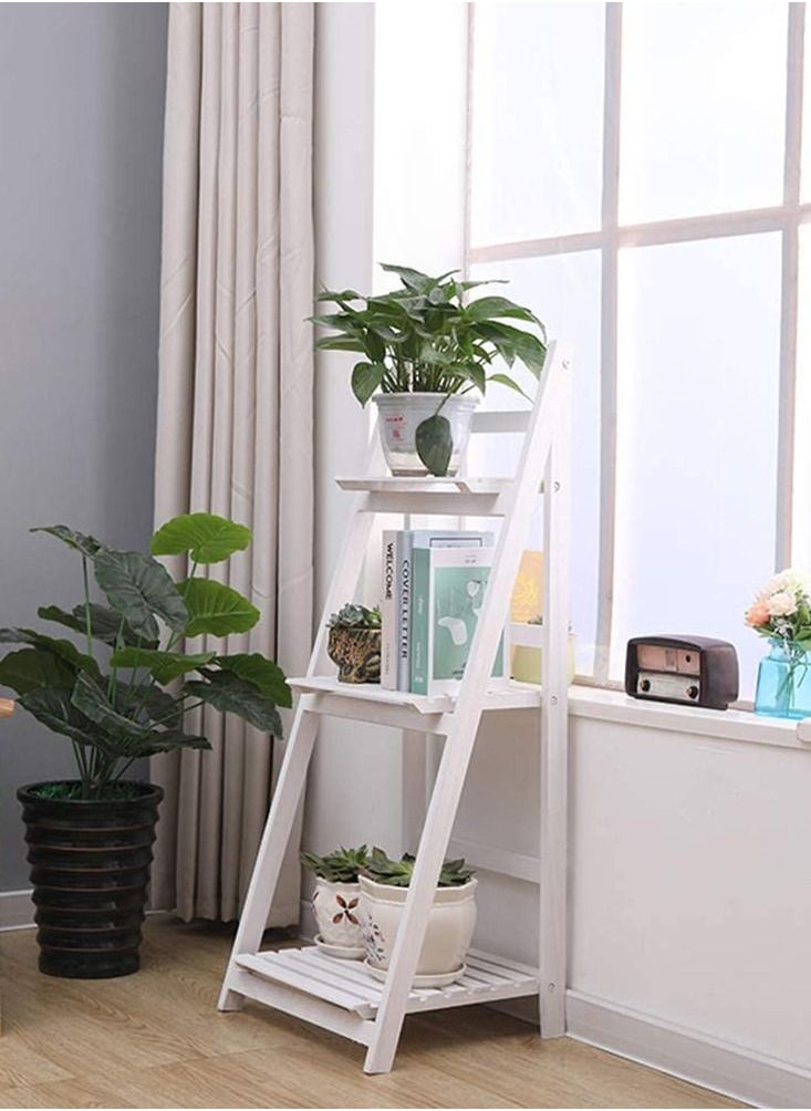 LINGWEI - Wooden Garden Modern Foldable Book Shelves Rack Display Storage Stand Three Layers Flower Plant Pot Holder Shelf Solid Wood Free Standing Ladder Design Indoor Outdoor - Image 1