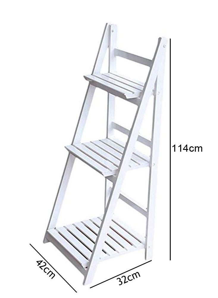 LINGWEI - Wooden Garden Modern Foldable Book Shelves Rack Display Storage Stand Three Layers Flower Plant Pot Holder Shelf Solid Wood Free Standing Ladder Design Indoor Outdoor - Image 1