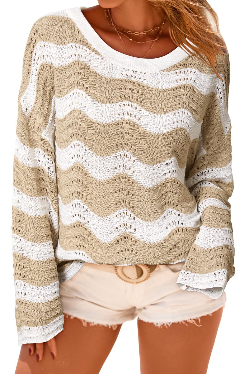 Arach&Cloz Womens Linen Summer Spring Oversized Boat Neck Crochet Hollow Out Beach Cover ups Long Sleeve Shirt Vacation Cruise Off The Shoulder Tops Sweaters Outfits Apricot S - Image 1
