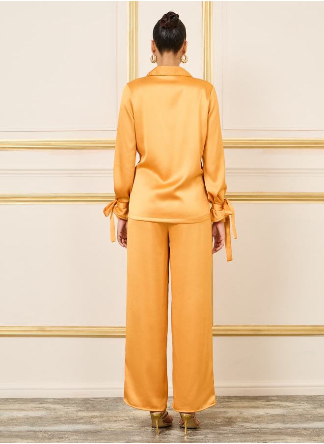 Styli - Tie Cuff Sleeves Notch Lapel Top and Wide Leg Trouser Set - Image 1
