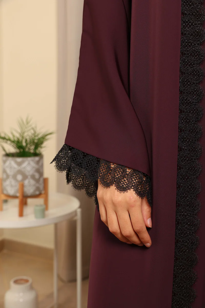 Nikias  Nikias Nida Abaya with Burgundy Inner & Black Lace Detail for Women | Best Price UAE