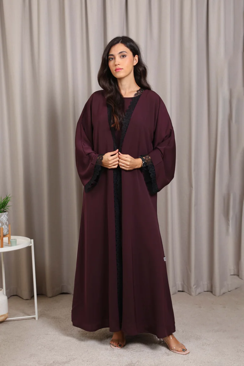 Nikias Nikias Nida Abaya with Burgundy Inner & Black Lace Detail