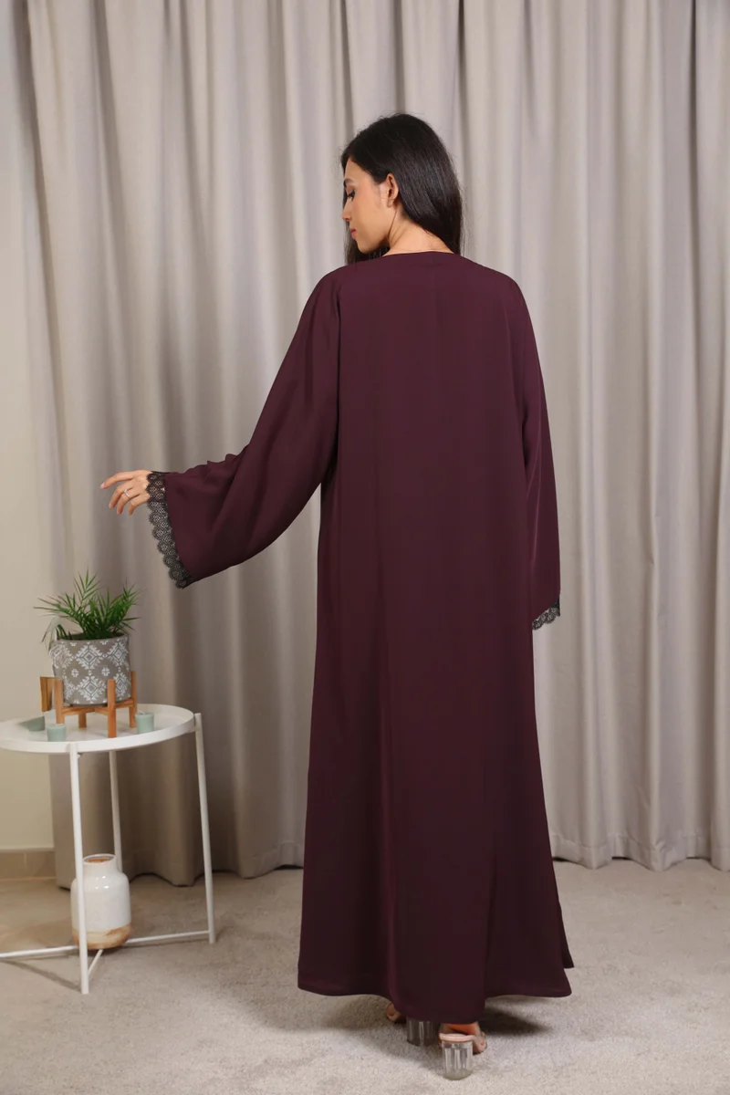 Nikias  Nikias Nida Abaya with Burgundy Inner & Black Lace Detail for Women | Best Price UAE