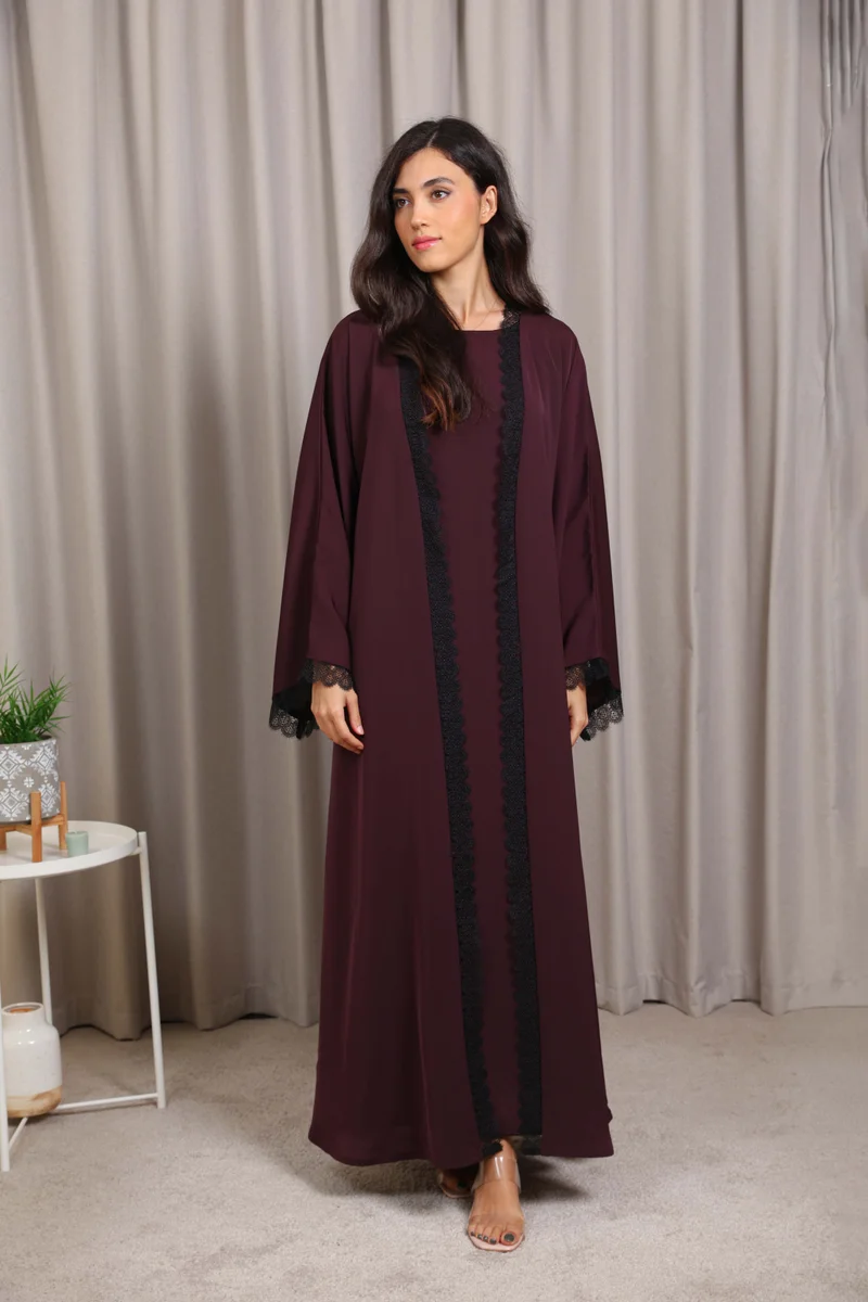 Nikias  Nikias Nida Abaya with Burgundy Inner & Black Lace Detail for Women | Best Price UAE