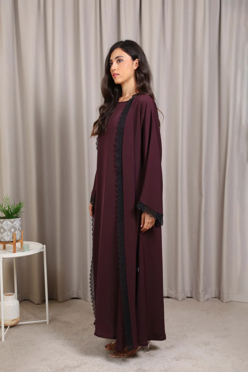 Nikias Nikias Nida Abaya with Burgundy Inner & Black Lace Detail