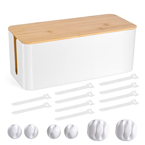 TuweChen Cable Management Box - Wooden Style Cord Organizer Box to Hide Wires & Power Strips | Desk Computer Cable Organizer Box | Safe ABS Material | 12.6" (L) x 5.3" (W) 4.9" (H) | for Home & Office - White - Image 1