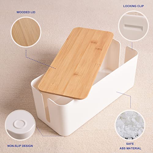 TuweChen Cable Management Box - Wooden Style Cord Organizer Box to Hide Wires & Power Strips | Desk Computer Cable Organizer Box | Safe ABS Material | 12.6" (L) x 5.3" (W) 4.9" (H) | for Home & Office - White - Image 4