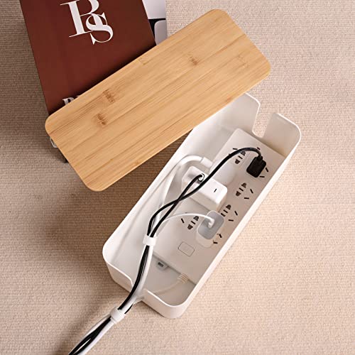 TuweChen Cable Management Box - Wooden Style Cord Organizer Box to Hide Wires & Power Strips | Desk Computer Cable Organizer Box | Safe ABS Material | 12.6" (L) x 5.3" (W) 4.9" (H) | for Home & Office - White - Image 3