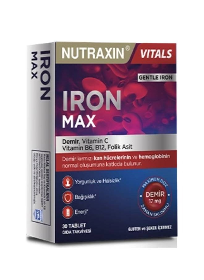 NUTRAXIN - Nutraxin Iron Max Time Release Formula With Vitamin C, B6, B12 and Folic Acid Red Cells and Hemoglobin formation 30 Tablets - Image 1