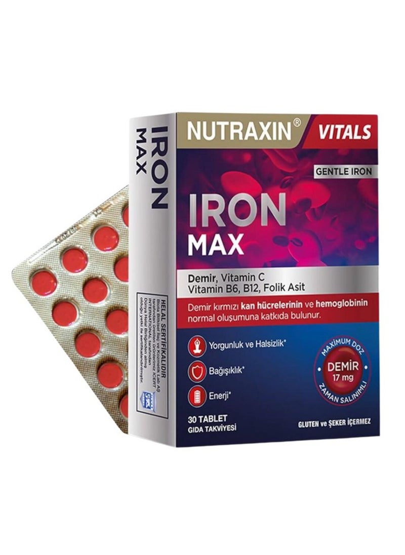 NUTRAXIN - Nutraxin Iron Max Time Release Formula With Vitamin C, B6, B12 and Folic Acid Red Cells and Hemoglobin formation 30 Tablets - Image 1
