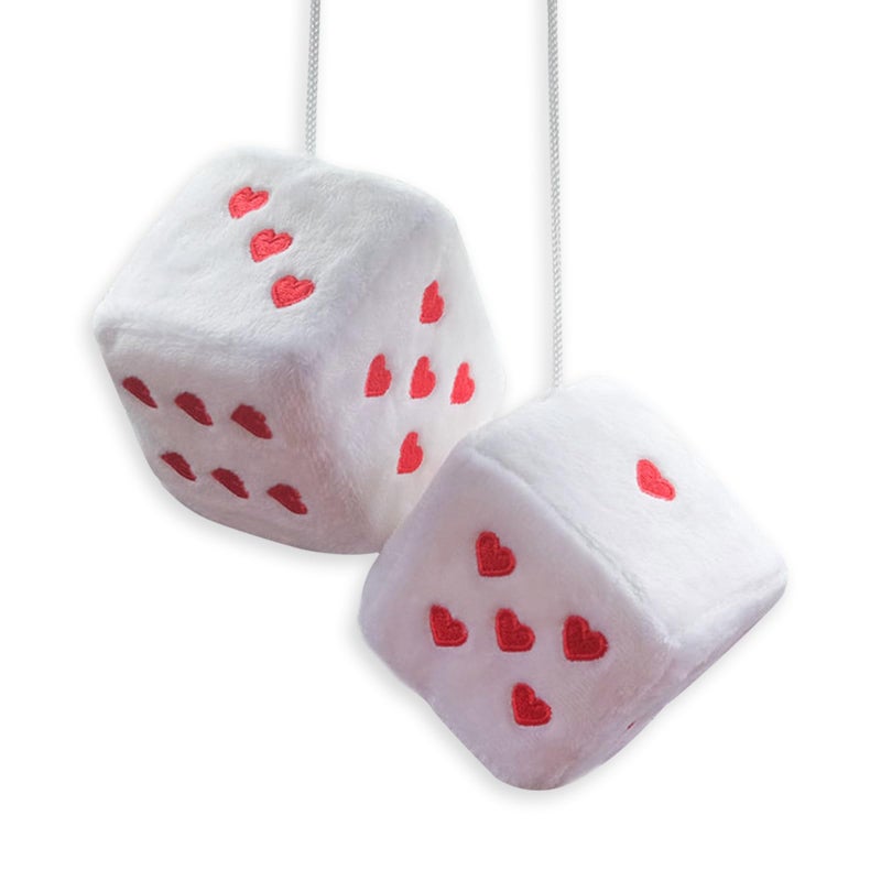 ORNALES Heart Shaped Vintage Embroidered Fuzzy Plush Dice Pair 3 Heart Shaped Hanging Dice Ornaments New Car Decorative Vintage Accessories for Car Interior Rearview MirrorWhite - Image 3