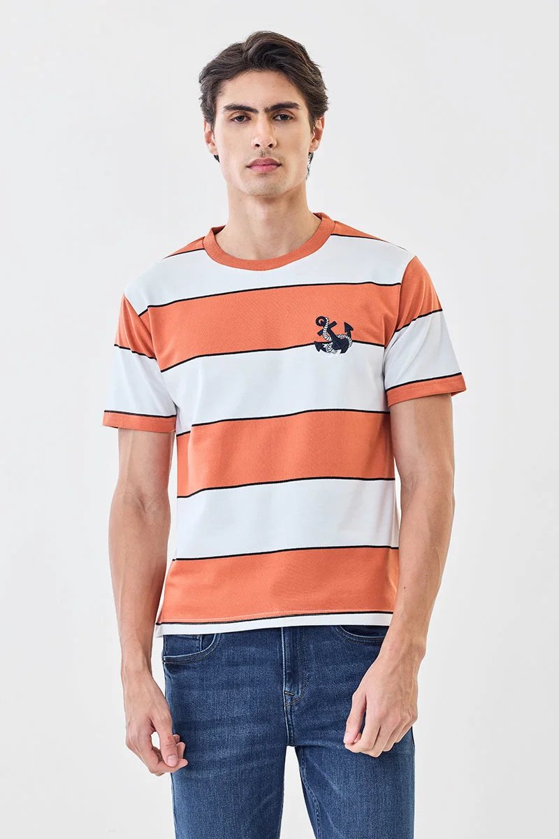 SNITCH Orange Stripes Regular Fit T-Shirt for Men | Best Price UAE
