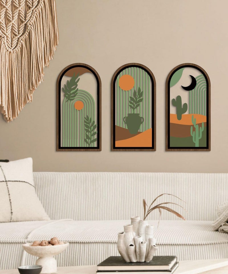 Putuo Decor Boho Wall Decor with Cactus, Modern Wooden Minimalist Wall Decor, Abstract Green Room Decorations 16x8 In Mid Century Artwork for Living Room Bedroom Office in Desert Green Set of 3 - Image 2