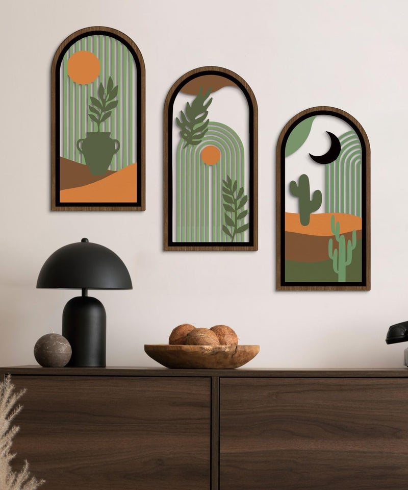 Putuo Decor Boho Wall Decor with Cactus, Modern Wooden Minimalist Wall Decor, Abstract Green Room Decorations 16x8 In Mid Century Artwork for Living Room Bedroom Office in Desert Green Set of 3 - Image 4