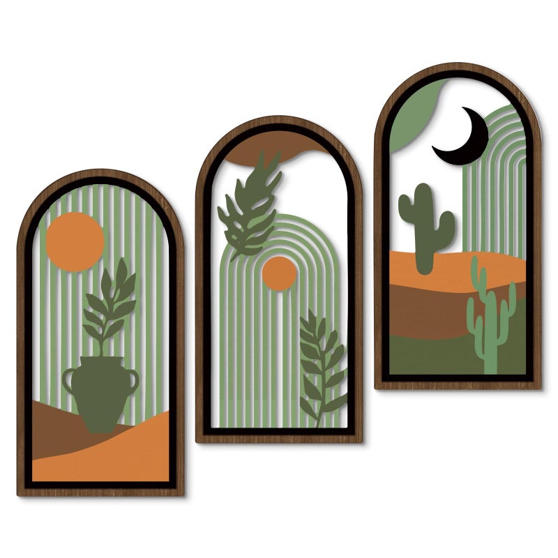 Putuo Decor Boho Wall Decor with Cactus, Modern Wooden Minimalist Wall Decor, Abstract Green Room Decorations 16x8 In Mid Century Artwork for Living Room Bedroom Office in Desert Green Set of 3 - Image 1