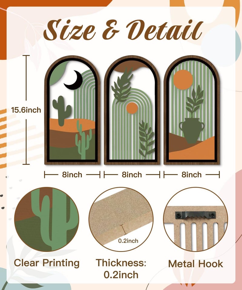 Putuo Decor Boho Wall Decor with Cactus, Modern Wooden Minimalist Wall Decor, Abstract Green Room Decorations 16x8 In Mid Century Artwork for Living Room Bedroom Office in Desert Green Set of 3 - Image 3