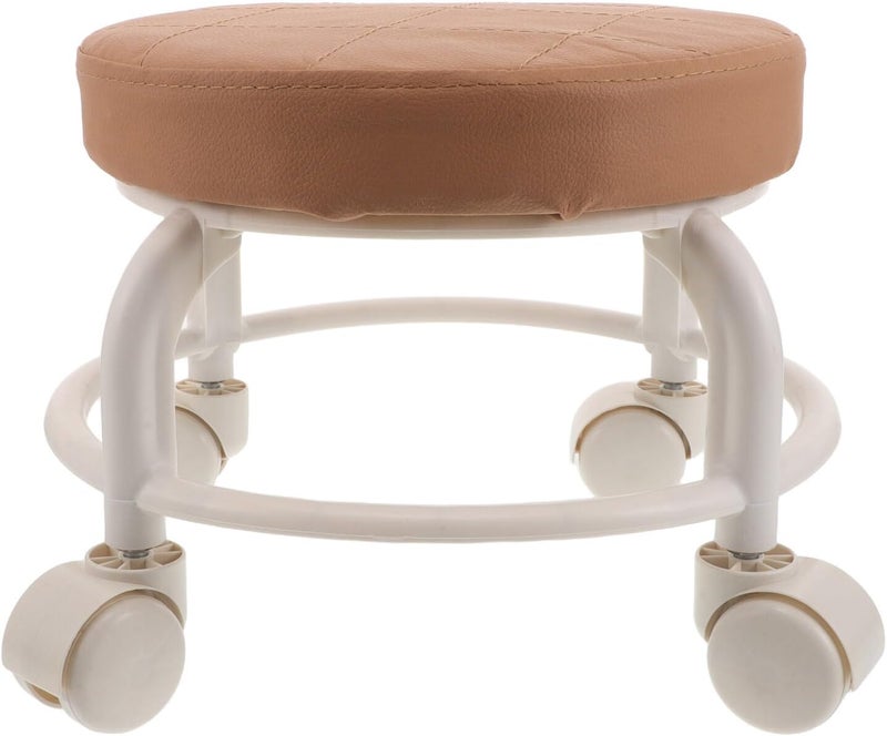 Wheeled Rolling Stool 360° Swivel Low Pu Leather Footrest Salon Spa Massage Stool for Home Office Garage Use - Image 1