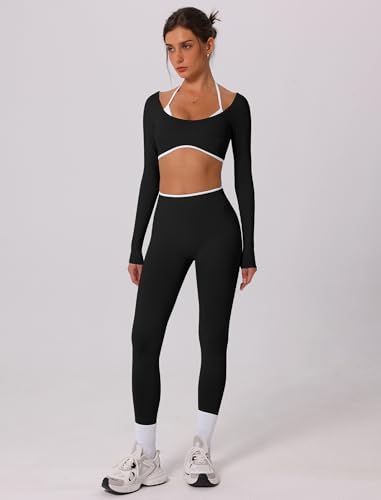 ABOCIW Workout Sets for Women Seamless Color Block Backless Long Sleeve Crop Top Scrunch Butt Lifting High Waist Leggings 2 Piece Gym Yoga Outfits Black Small - Image 3