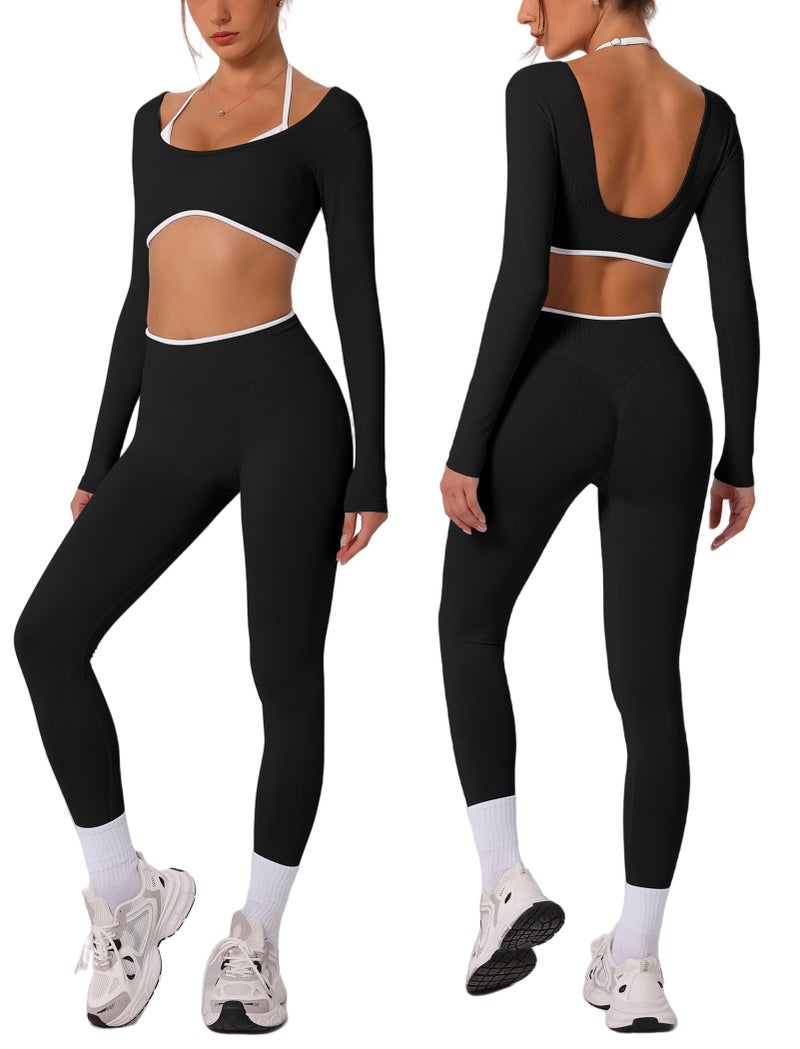 ABOCIW Workout Sets for Women Seamless Color Block Backless Long Sleeve Crop Top Scrunch Butt Lifting High Waist Leggings 2 Piece Gym Yoga Outfits Black Small - Image 2