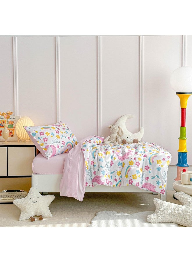 Uozzi Bedding Unicorn Toddler Bedding Set for Girls Light Pink Unicorn Flowers 4PC Toddler Bed Set - Soft Blue Yellow Floral Rainbow Cute Princess Toddler Bed in a Bag with Pink Sheet Set and Pillow Shams - Image 2