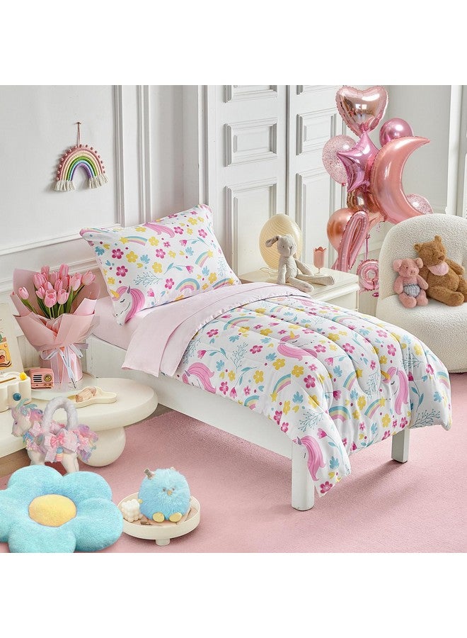 Uozzi Bedding Unicorn Toddler Bedding Set for Girls Light Pink Unicorn Flowers 4PC Toddler Bed Set - Soft Blue Yellow Floral Rainbow Cute Princess Toddler Bed in a Bag with Pink Sheet Set and Pillow Shams - Image 1