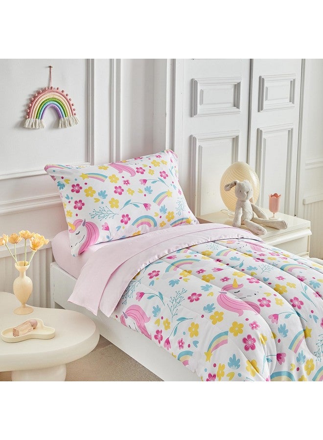 Uozzi Bedding Unicorn Toddler Bedding Set for Girls Light Pink Unicorn Flowers 4PC Toddler Bed Set - Soft Blue Yellow Floral Rainbow Cute Princess Toddler Bed in a Bag with Pink Sheet Set and Pillow Shams - Image 5