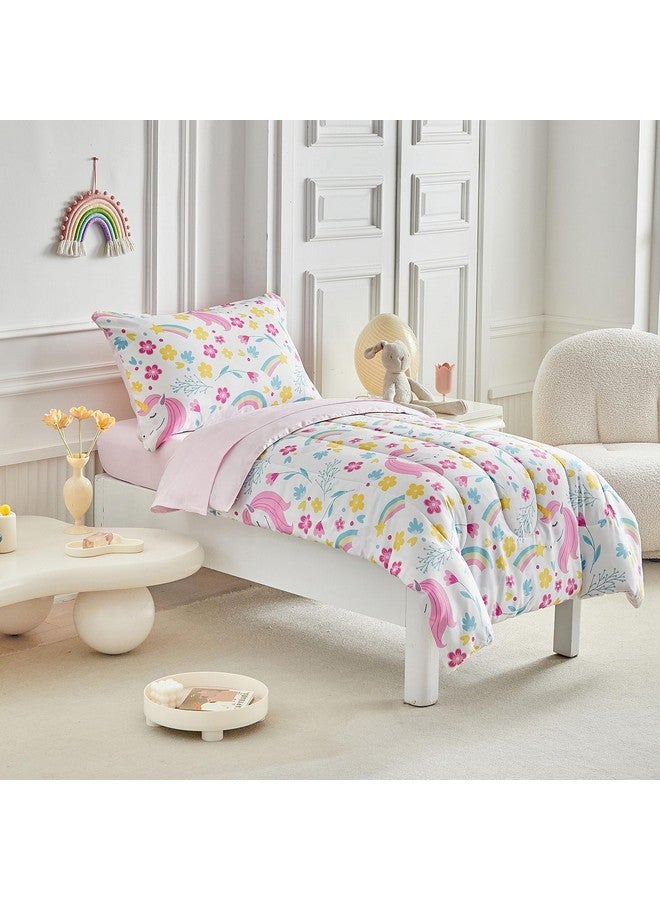 Uozzi Bedding Unicorn Toddler Bedding Set for Girls Light Pink Unicorn Flowers 4PC Toddler Bed Set - Soft Blue Yellow Floral Rainbow Cute Princess Toddler Bed in a Bag with Pink Sheet Set and Pillow Shams - Image 4
