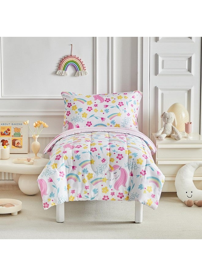 Uozzi Bedding Unicorn Toddler Bedding Set for Girls Light Pink Unicorn Flowers 4PC Toddler Bed Set - Soft Blue Yellow Floral Rainbow Cute Princess Toddler Bed in a Bag with Pink Sheet Set and Pillow Shams - Image 3