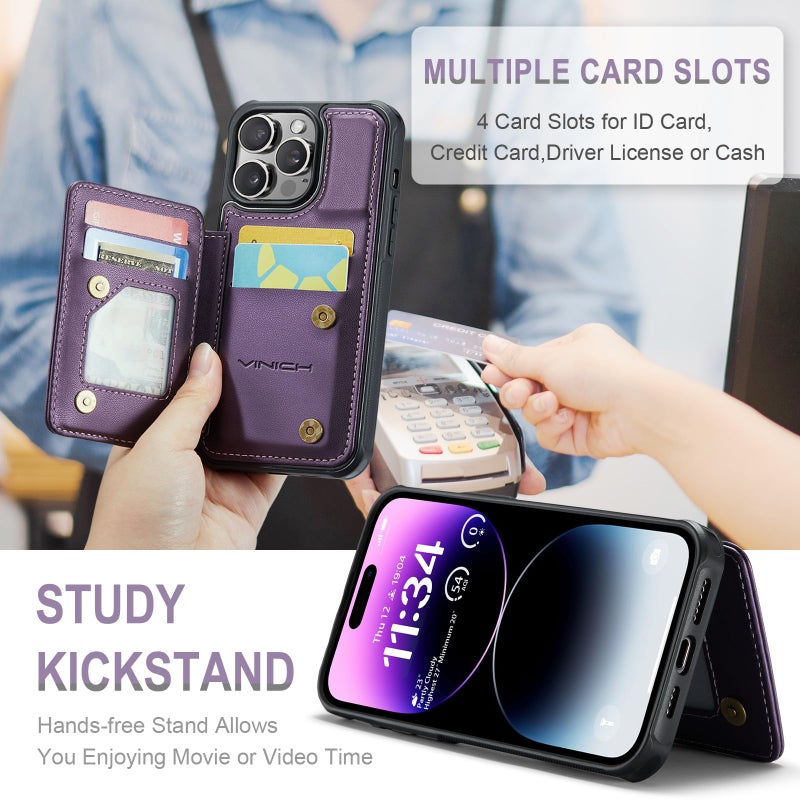 Vinich for iPhone 14 Pro Max Wallet Case with Card Holder, RFID Blocking Credit Slots Kickstand Shockproof Phone Cover Fit for iPhone 14 Pro Max 6.7" Purple - Image 4