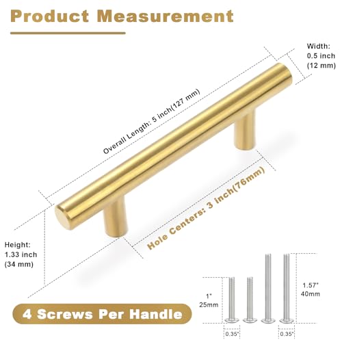 Estmoon 30 Pack Brushed Brass Cabinet Handles Gold 3 Inch Hole Center Cabinet Pulls Stainless Steel Drawer Handles Kitchen Cabinet Hardware Pulls for Cabinets and Drawers - 5" Length, 3" Hole Center - Image 5