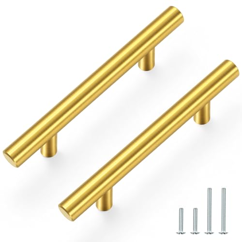 Estmoon 30 Pack Brushed Brass Cabinet Handles Gold 3 Inch Hole Center Cabinet Pulls Stainless Steel Drawer Handles Kitchen Cabinet Hardware Pulls for Cabinets and Drawers - 5" Length, 3" Hole Center - Image 1
