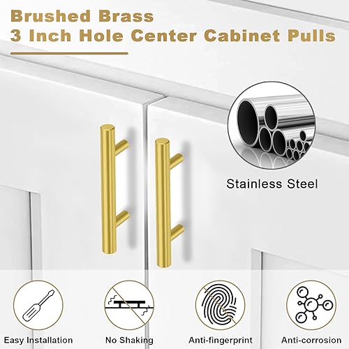 Estmoon 30 Pack Brushed Brass Cabinet Handles Gold 3 Inch Hole Center Cabinet Pulls Stainless Steel Drawer Handles Kitchen Cabinet Hardware Pulls for Cabinets and Drawers - 5" Length, 3" Hole Center - Image 3