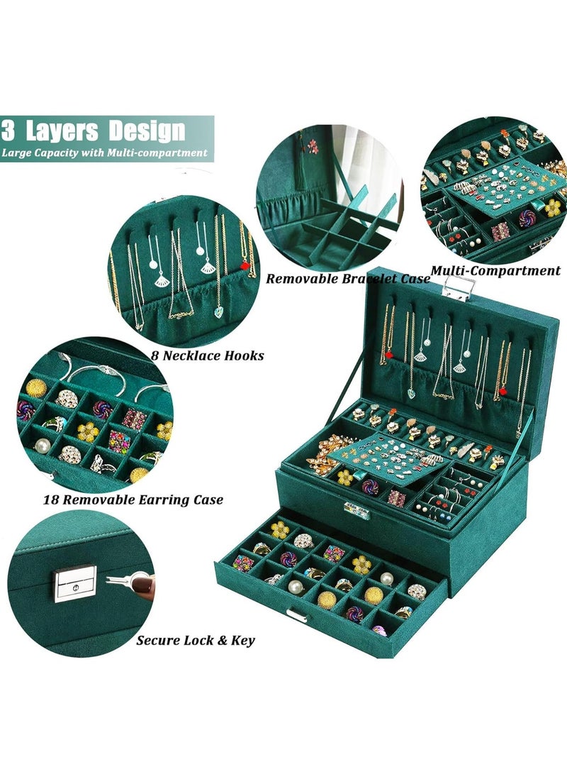 HomarKet Jewelry Box for Women with Drawer, 3-Layer Large Jewelry Organizer with Lock & Key, 8 Necklace Hooks & 56 Earring Holes, Green Velvet Jewelry Storage Box for Necklaces Earrings Rings Bracelets - Image 3