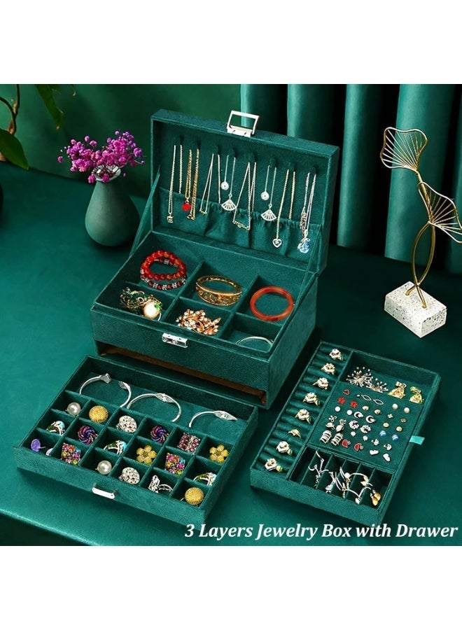 HomarKet Jewelry Box for Women with Drawer, 3-Layer Large Jewelry Organizer with Lock & Key, 8 Necklace Hooks & 56 Earring Holes, Green Velvet Jewelry Storage Box for Necklaces Earrings Rings Bracelets - Image 2