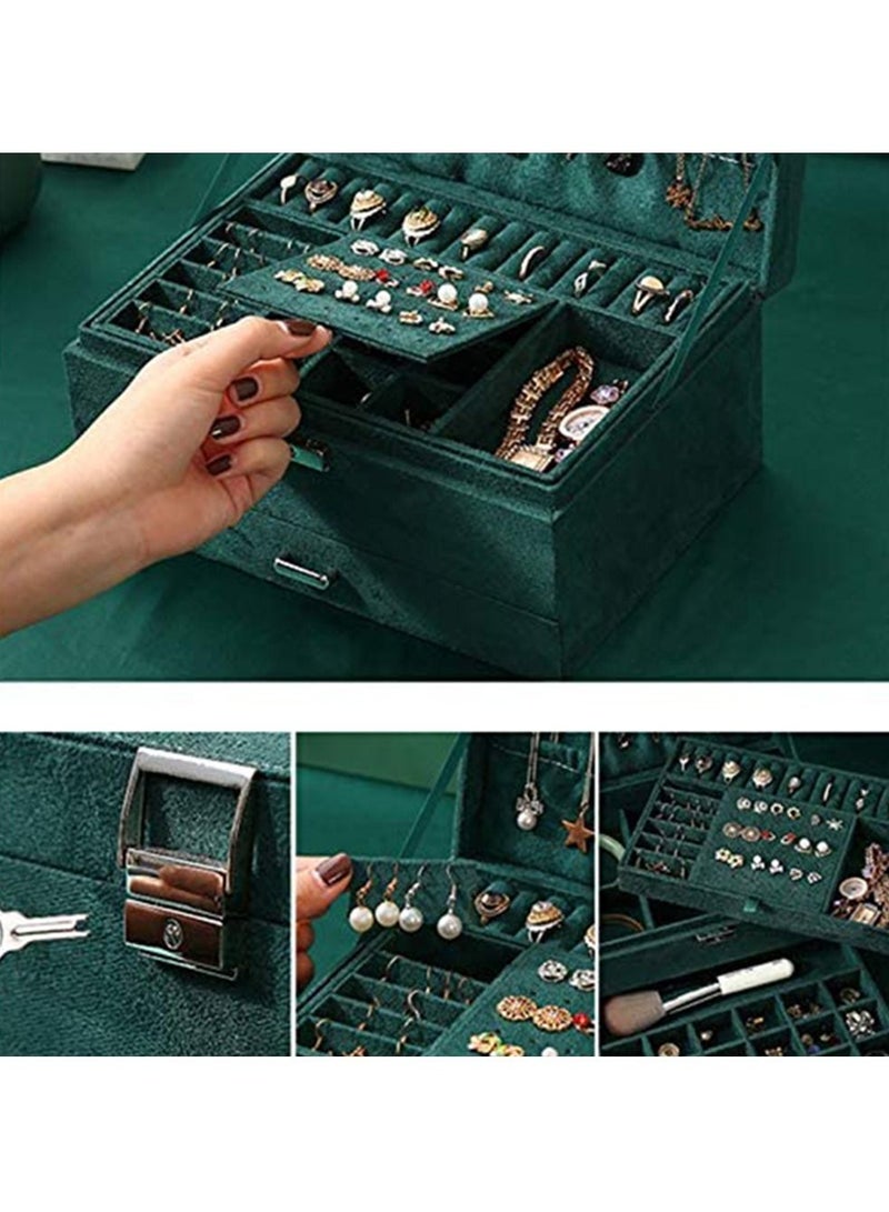 HomarKet Jewelry Box for Women with Drawer, 3-Layer Large Jewelry Organizer with Lock & Key, 8 Necklace Hooks & 56 Earring Holes, Green Velvet Jewelry Storage Box for Necklaces Earrings Rings Bracelets - Image 4