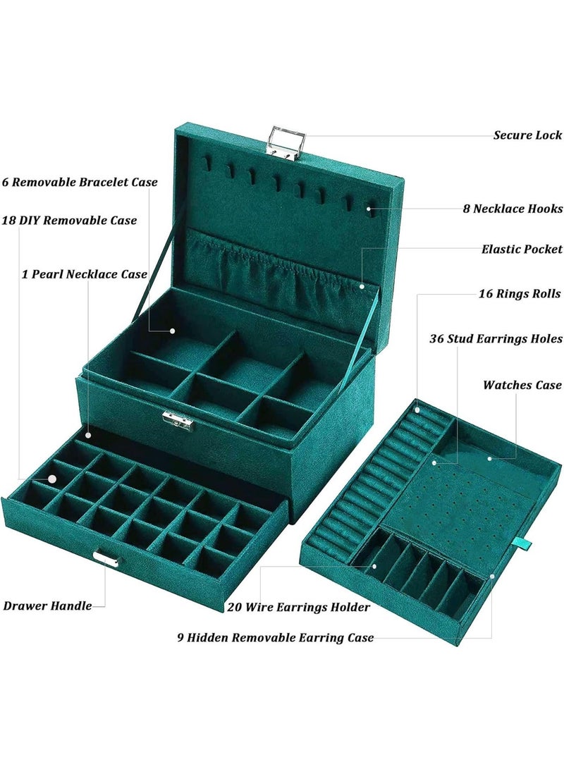 HomarKet Jewelry Box for Women with Drawer, 3-Layer Large Jewelry Organizer with Lock & Key, 8 Necklace Hooks & 56 Earring Holes, Green Velvet Jewelry Storage Box for Necklaces Earrings Rings Bracelets - Image 5