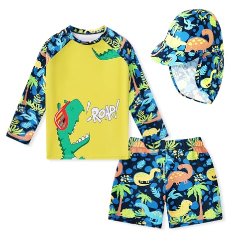 Redair Toddler Boy Swimsuit with UPF 50+ Rash Guard Long Sleeve Dinosaur Pattern Top and Baby Boy Compression Swim Shorts Swimwear Sets with Sun Hat 2t Boys Yellow Swimsuit - Image 1