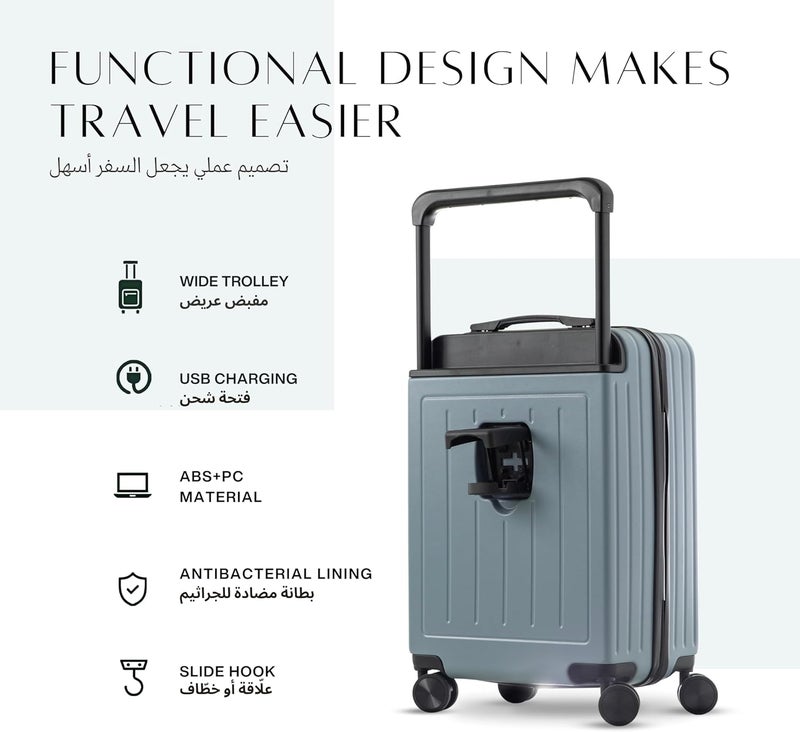 TEREPLUS® 20-inch Carry On Luggage Travel Suitcase with USB Port, Silent Wheels, and Cup Holder - Steel Blue - Image 2
