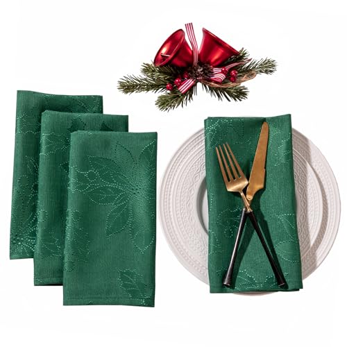 Joyfol Day Green Christmas Cloth Napkins 18 x 18 Inch Jacquard Fabric Winter Poinsettia Washable Napkins Set of 4 Countryside Florals Dinner Napkin for Xmas Party Decorations - Image 1
