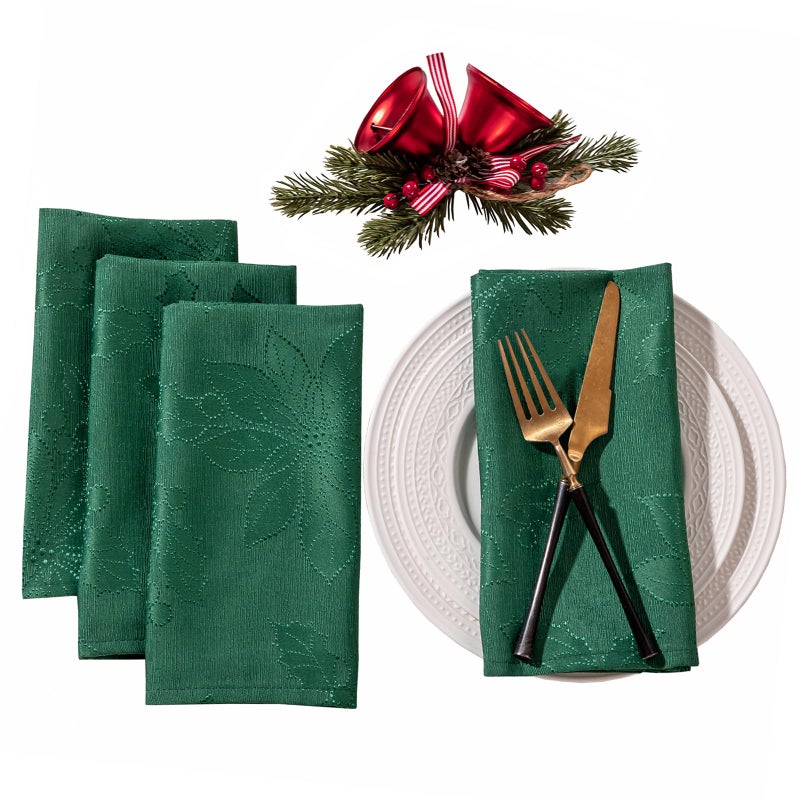 Joyfol Day Green Christmas Cloth Napkins 18 x 18 Inch Jacquard Fabric Winter Poinsettia Washable Napkins Set of 4 Countryside Florals Dinner Napkin for Xmas Party Decorations - Image 2