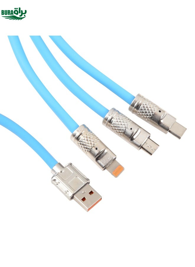 BURAQ Mech Series 6A 120W 3 in 1 Metal Plug Silicone Fast Charging Data Cable, Length: 1.2m(Blue) - Image 3