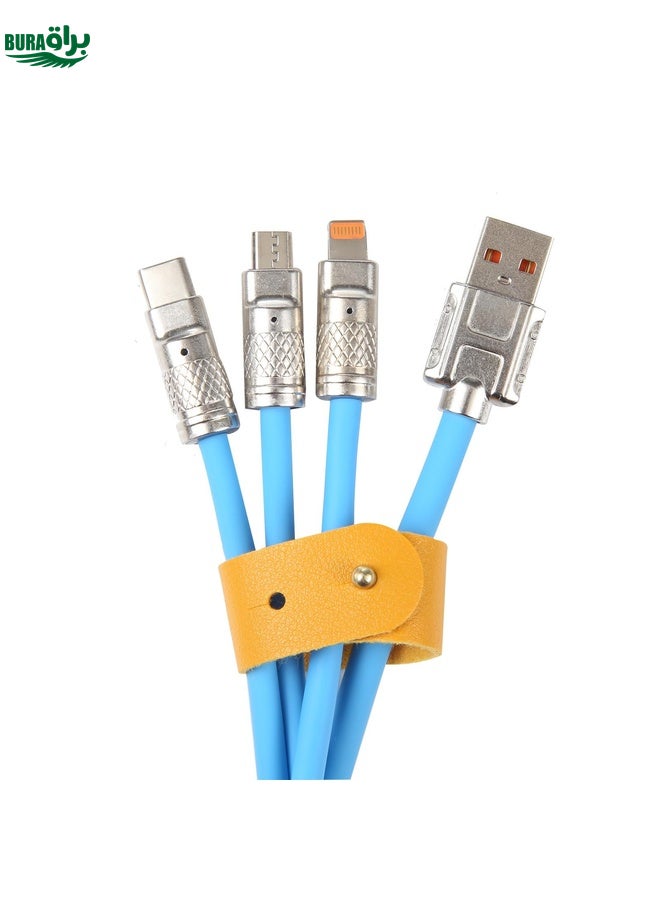 BURAQ Mech Series 6A 120W 3 in 1 Metal Plug Silicone Fast Charging Data Cable, Length: 1.2m(Blue) - Image 4